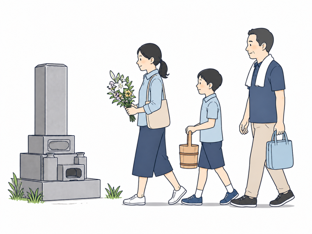 夏の墓地で花と水を手に、家族でお墓へ向かうイラスト