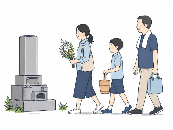 夏の墓地で花と水を手に、家族でお墓へ向かうイラスト