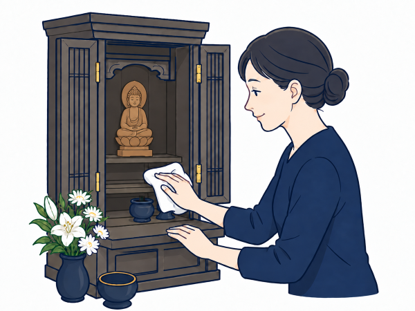 白い布でお仏壇を丁寧に整える女性と、淡い花のイラスト