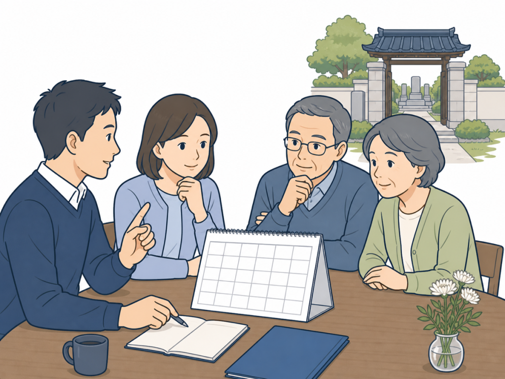 家族が予定表を見ながら納骨の時期を相談する、墓地を背景にしたイラスト