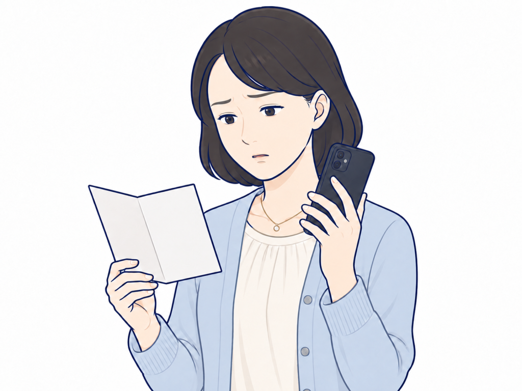 家族葬の案内を手に、静かに予定を確認する女性のイラスト