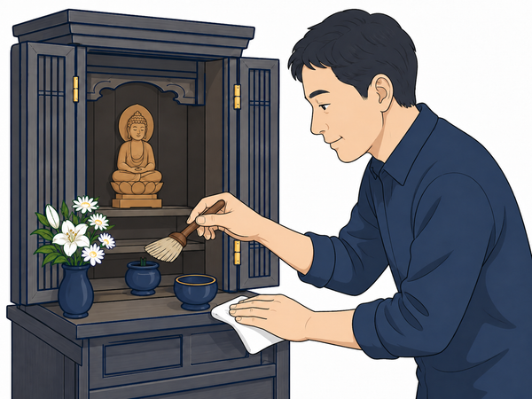 柔らかな刷毛と布で仏壇を掃除する手元のイラスト