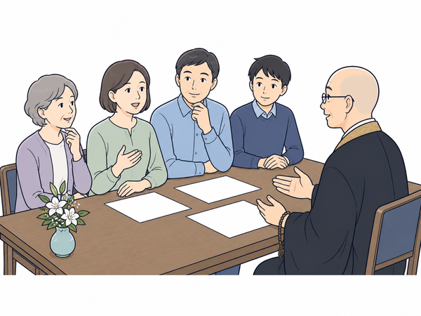寺院で家族が納骨の日程と必要な準備を確認するイラスト