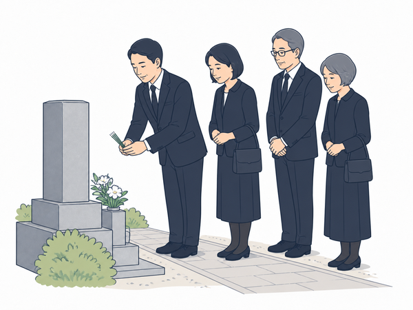 墓前で家族が静かに手を合わせ、故人を偲ぶイラスト