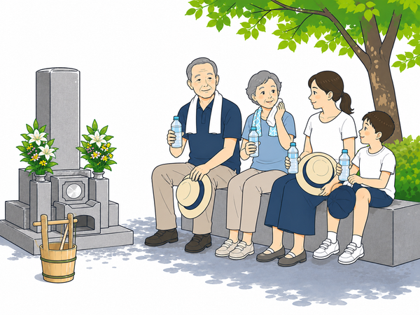 木陰で水分を取りながら故人を思い、語り合う家族のイラスト