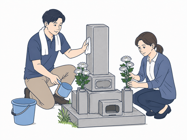 家族が墓石を柔らかい布で掃除し、花を準備するイラスト