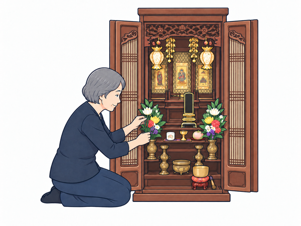 掃除を終えた仏壇に花と水を供える家族のイラスト