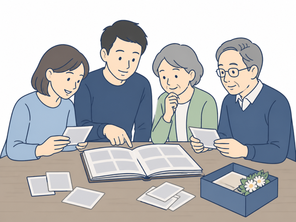 アルバムを開き、写真を一枚ずつ見つめる家族のイラスト
