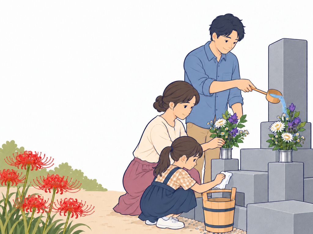 秋の花と家族でお墓参りをするイラスト