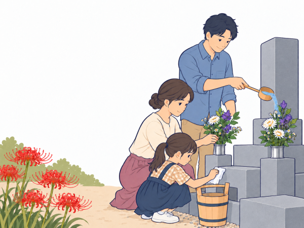 秋の花と家族でお墓参りをするイラスト