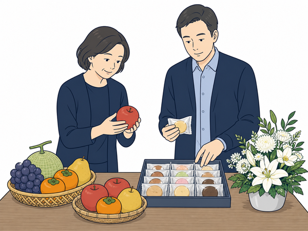 家族が故人の好物と季節の果物を選ぶイラスト
