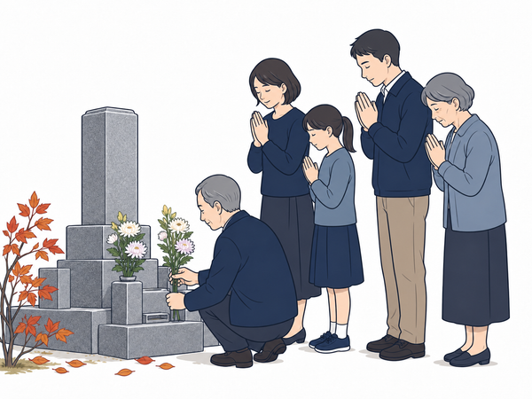 夕方の墓前で淡い花を供え、静かに祈る家族のイラスト